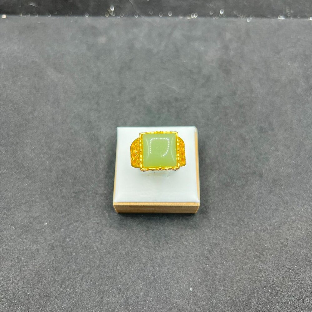 Square Green Jade Gold Ring - size 8.25